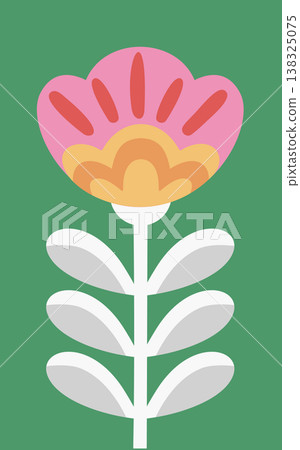 Flower with scalloped petals and layered bud on stem with symmetrical leaves Flower with scalloped petals and layered bud on stem with symmetrical leaves 138325075