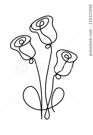 Rose bouquet formed by continuous single stroke with curling petals and slender stem on clean background Rose bouquet formed by continuous single stroke with curling petals and slender stem on clean background 138325098