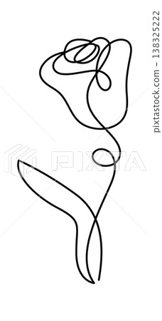 Rose stem and leaf formed by a single continuous line with smooth curves on clean background 138325222