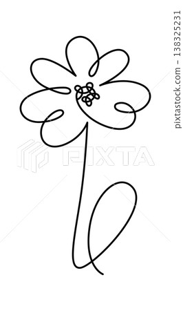 Flower sketched as a continuous single line with looping petal and long stem on clean background 138325231