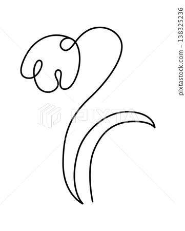 Tulip formed by a single continuous stroke with curved stem and leaf, clean contour on white 138325236