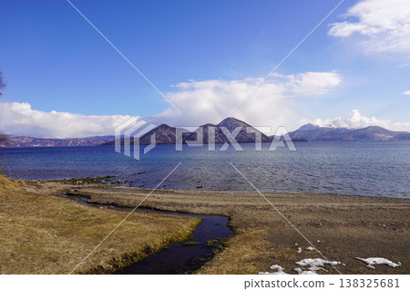 View of Lake Toya, Nakajima Island and Mount Usu from near Ukimido Pavilion 138325681
