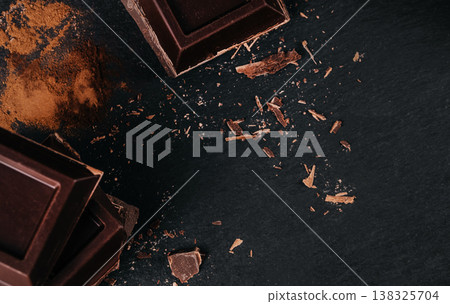 Dark chocolate background with cocoa crumbs top view Dark chocolate background with cocoa crumbs top view 138325704