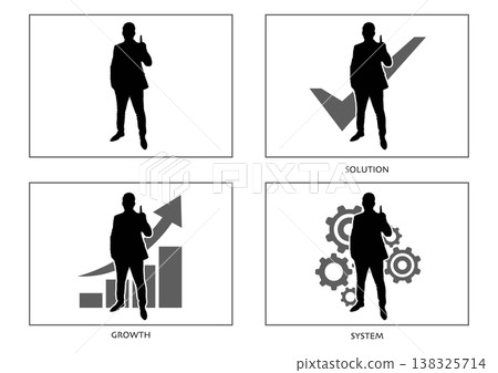 Silhouette of a businessman pointing; set of checkmarks, growth graph, and gears; explanation and goal concept. Silhouette of a businessman pointing; set of checkmarks, growth graph, and gears; explanation and goal concept. 138325714