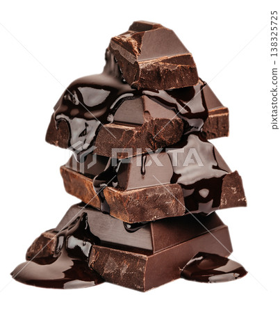 Dark chocolate stack with chocolate sauce isolated Dark chocolate stack with chocolate sauce isolated 138325725