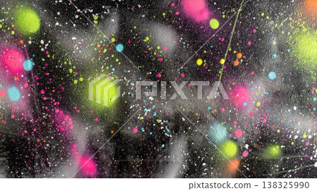 Colorful abstract spray paint splatter on dark background with neon dots and vibrant texture, creating urban graffiti art, modern design and creative visual backdrop 138325990