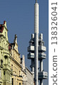 Explore the mix of old buildings and modern architecture in Prague during a sunny day 138326041