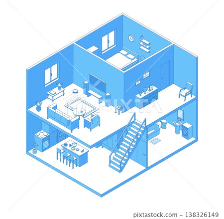 Isometric house interior. Two story home with living room, bedroom, bathroom, kitchen. Fully furnished building. Open model for ad, presentation, nifty vector scene 138326149