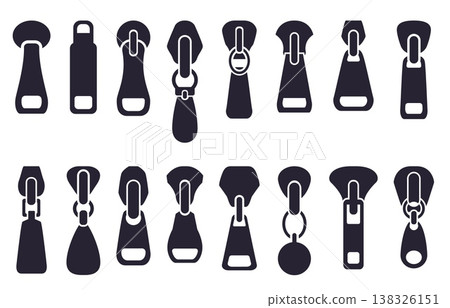 Black zipper pulls. Pullers silhouettes different shapes. Isolated fashionable and tailor elements. Bags or clothing zippers puller, sapid vector set Black zipper pulls. Pullers silhouettes different shapes. Isolated fashionable and tailor elements. Bags or clothing zippers puller, sapid vector set 138326151