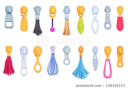 Cartoon zipper pulls. Pullers with beads, leather or thread tassels, ropes and metal silver or gold clasps. Elements for bags, clothes, backpack, sapid vector set 138326153