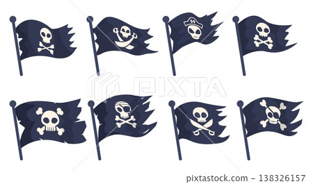 Pirate flags. Black jolly roger flag with crossbones, skull, sword or sabers. Piratin symbols, elements for ships, travel transport, vessels, trucks, sapid vector set Pirate flags. Black jolly roger flag with crossbones, skull, sword or sabers. Piratin symbols, elements for ships, travel transport, vessels, trucks, sapid vector set 138326157