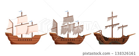 Broken ship. Vintage wooden brigantine, destruction of the boat step by step. Different stages of ols vessel, marine transport for adventures, sapid vector elements Broken ship. Vintage wooden brigantine, destruction of the boat step by step. Different stages of ols vessel, marine transport for adventures, sapid vector elements 138326161
