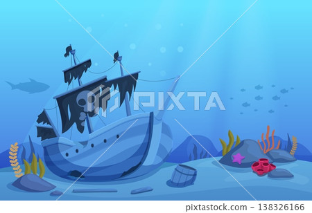 Sunken pirate ship. Dilapidated wooden old sailboat with torn pirate flag on seabed. Underwater illustration, ship silhouettes, seaweeds, sapid vector background Sunken pirate ship. Dilapidated wooden old sailboat with torn pirate flag on seabed. Underwater illustration, ship silhouettes, seaweeds, sapid vector background 138326166