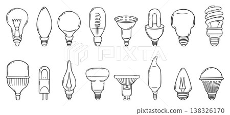 Doodle lamp bulbs. Different modern electric light bulb various shapes and styles. Smart electricity power, glass led technology lamps, neoteric vector set Doodle lamp bulbs. Different modern electric light bulb various shapes and styles. Smart electricity power, glass led technology lamps, neoteric vector set 138326170