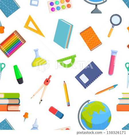 Stationery seamless pattern. School tools and equipment, office stationeries. Educational books, notebook, color pencil, highlighter, print template, vector background 138326171