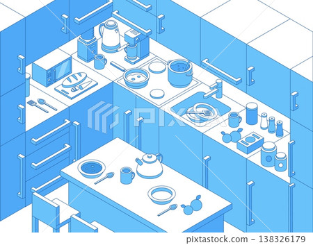 Isometric line kitchen concept. Messy kitchen, cooking process. Food preparation, eating and baking. Different utensils, full empty plates, nifty vector scene 138326179