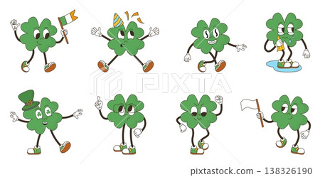 Groovy green clover. Green shamrock with four petals, symbol of lucky. Funny retro character hold flags, emotional faces, cute mascots, neoteric vector set 138326190