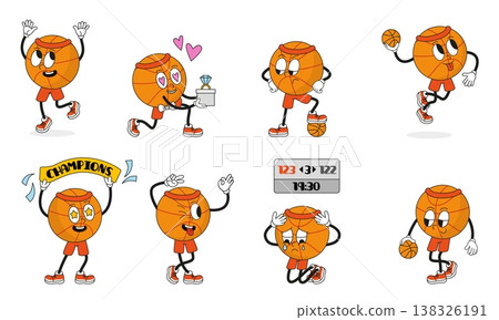 Basketball groovy character. Cartoon ball different poses, winner championship, athlete with ball, sad, in love. Various expressions, funny sport mascot neoteric vector set Basketball groovy character. Cartoon ball different poses, winner championship, athlete with ball, sad, in love. Various expressions, funny sport mascot neoteric vector set 138326191