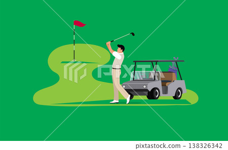 Male golfer swinging club on green course with golf cart and flag pin Male golfer swinging club on green course with golf cart and flag pin 138326342