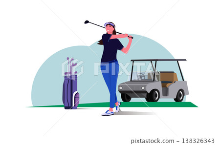 Female golfer swinging club on course with golf cart and bag in background Female golfer swinging club on course with golf cart and bag in background 138326343