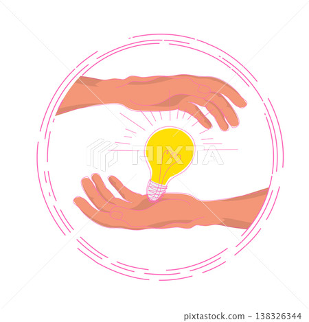 Human hands protecting and holding glowing light bulb as concept of creative idea 138326344