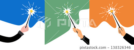 Hand holding magic wand with sparkling stars on colorful background collection 138326346