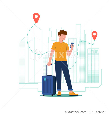 Vector illustration of a traveler checking a map on her phone near city landmarks, minimalist style. Vector illustration of a traveler checking a map on her phone near city landmarks, minimalist style. 138326348