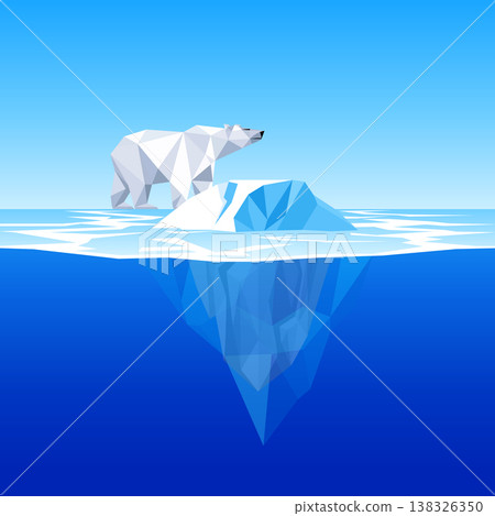 Minimalist flat vector illustration of a low poly polar bear on an iceberg, climate change and arctic wildlife concept with underwater view 138326350