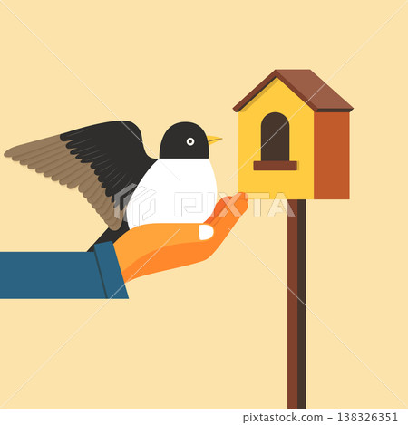 Vector minimalist illustration of an orange-sleeved hand releasing a bird toward yellow birdhouse	 138326351