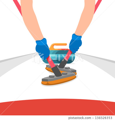 Curling players hands sweeping ice with brooms near moving stone on rink Curling players hands sweeping ice with brooms near moving stone on rink 138326353