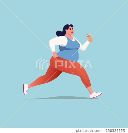 Minimalist flat vector illustration of a determined plus-size woman in sportswear running while holding a delicious ice cream cone,	 138326355