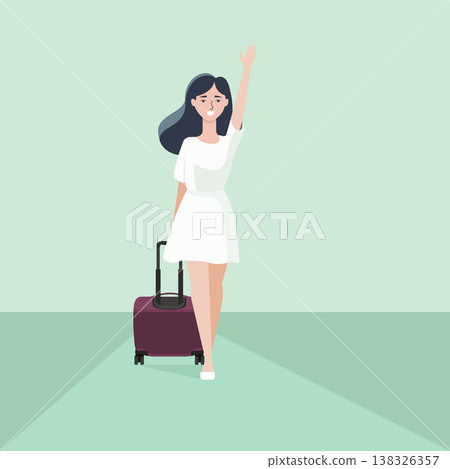 Happy young woman traveling with suitcase, waving hand at airport or station, summer vacation and tourism concept, minimalist flat vector illustration.	 138326357