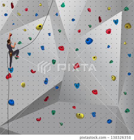 Man Climbing Indoor Bouldering Wall with Colorful Grips, Extreme Sport and Fitness Challenge Concept, Flat Vector Illustration of Rock Climber Training on Artificial Wall Man Climbing Indoor Bouldering Wall with Colorful Grips, Extreme Sport and Fitness Challenge Concept, Flat Vector Illustration of Rock Climber Training on Artificial Wall 138326358