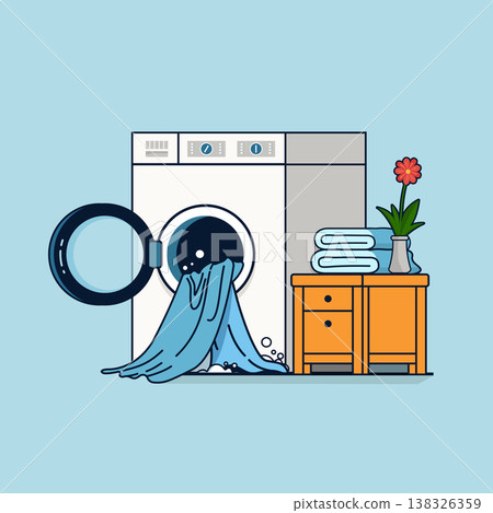A modern washing machine with a front-loading design, The process of washing clothes in a washing machine. Laundry Vector Elements 138326359