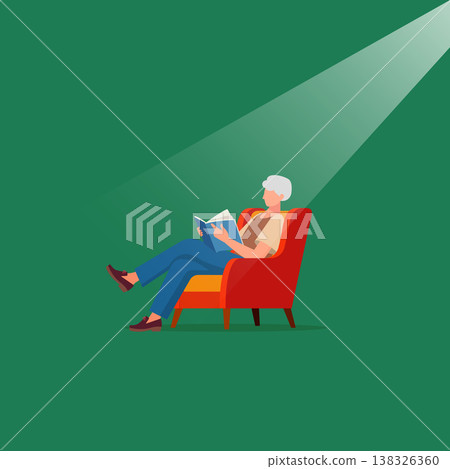 Senior woman reading a book in armchair under spotlight, retirement lifestyle and lifelong learning concept, peaceful hobby at home, minimalist flat vector illustration.	 138326360