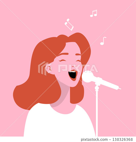 Beautiful woman enraptured singing in front of a microphone, with a minimalist vector style. Beautiful woman enraptured singing in front of a microphone, with a minimalist vector style. 138326368