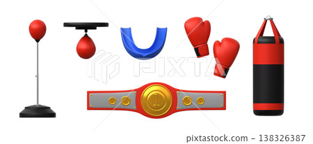 3D boxing sport game equipment realistic icons vector set, champion's belt, gloves, punching bags, protection for teeth 3D boxing sport game equipment realistic icons vector set, champion's belt, gloves, punching bags, protection for teeth 138326387