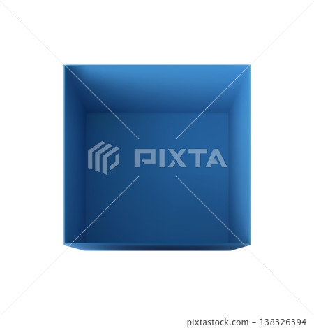 Blue open gift cardboard box top view, vector 3D realistic square carton container for present, delivery, wrap package Blue open gift cardboard box top view, vector 3D realistic square carton container for present, delivery, wrap package 138326394