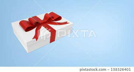Gift cardboard white box with red ribbon bow on blue gradient background, vector realistic 3D surprise present parcel Gift cardboard white box with red ribbon bow on blue gradient background, vector realistic 3D surprise present parcel 138326401