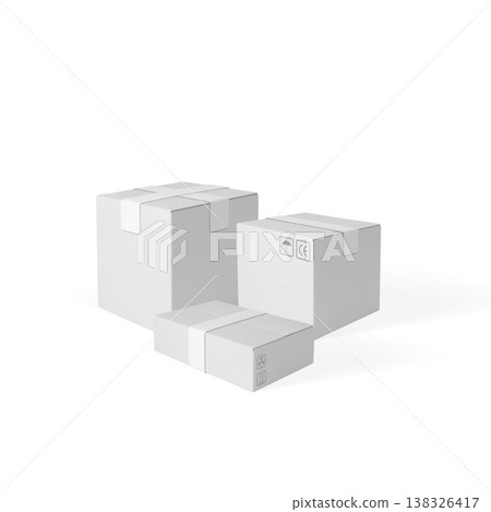 3D cardboard box different sizes vector illustration, white carton parcel closed with tape and transportation symbols 3D cardboard box different sizes vector illustration, white carton parcel closed with tape and transportation symbols 138326417