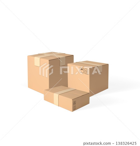 3D cardboard box different sizes vector illustration, brown carton parcel closed with tape and transportation symbols 138326425