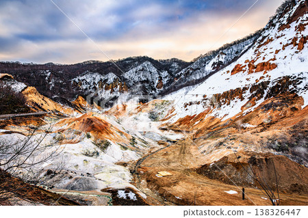 Noboribetsu Onsen Jigokudani (Hell Valley): Winter steam and colorful volcanic landscapes. Noboribetsu Onsen Jigokudani (Hell Valley): Winter steam and colorful volcanic landscapes. 138326447