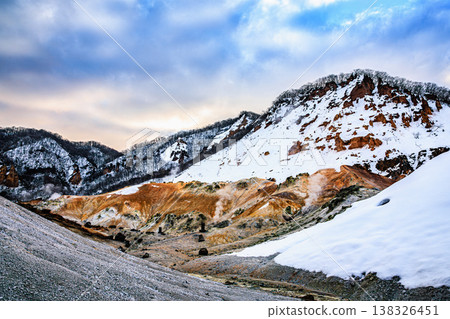 Winter scenery of Noboribetsu Jigokudani (Hell Valley): The volcanic landscape with steam rising from the ground. Winter scenery of Noboribetsu Jigokudani (Hell Valley): The volcanic landscape with steam rising from the ground. 138326451