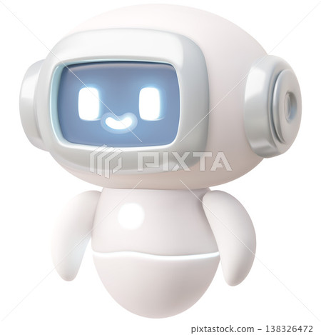 A 3D flying chatbot with a face, glowing eyes, and a smile, looking away. A 3D flying chatbot with a face, glowing eyes, and a smile, looking away. 138326472