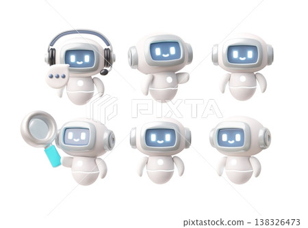 3D chatbots, in various positions, from different angles, with a magnifying glass and headset. 138326473