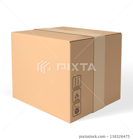 3D cardboard box vector mockup, realistic brown carton parcel closed with tape and transportation symbols delivery cargo 3D cardboard box vector mockup, realistic brown carton parcel closed with tape and transportation symbols delivery cargo 138326475