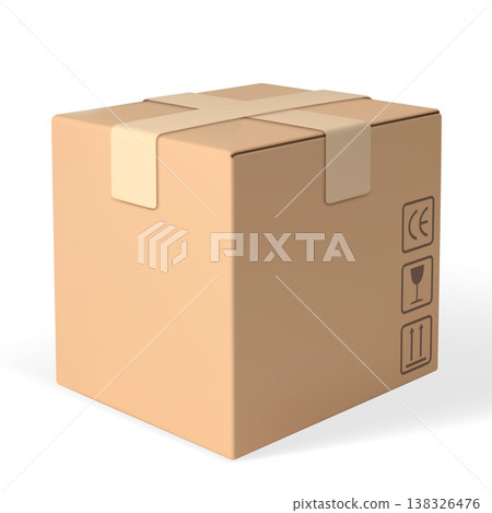3D cardboard box icon, realistic brown parcel closed with tape and transportation fragile symbols, package vector mockup 3D cardboard box icon, realistic brown parcel closed with tape and transportation fragile symbols, package vector mockup 138326476