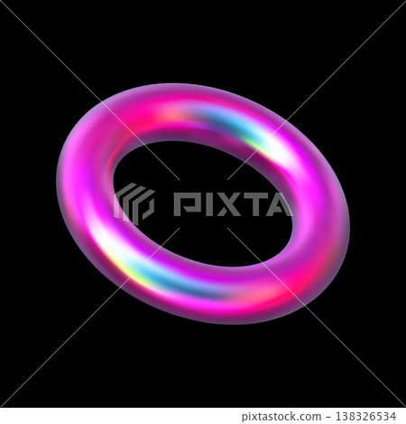 Pink holographic torus realistic 3D vector, iridescent ring model Y2K pearl shine, volumetric round shape glossy surface Pink holographic torus realistic 3D vector, iridescent ring model Y2K pearl shine, volumetric round shape glossy surface 138326534