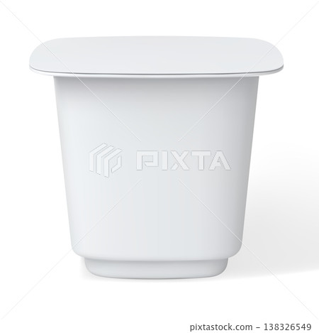 Realistic yogurt cup and other dairy products package, vector 3D mock up of square form white plastic container with lid Realistic yogurt cup and other dairy products package, vector 3D mock up of square form white plastic container with lid 138326549
