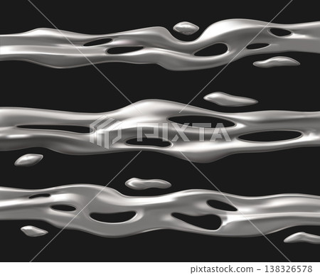 Metal liquid silver drip wave pattern set with drops 3D vector, realistic chrome fluid ribbon with reflection gradient Metal liquid silver drip wave pattern set with drops 3D vector, realistic chrome fluid ribbon with reflection gradient 138326578